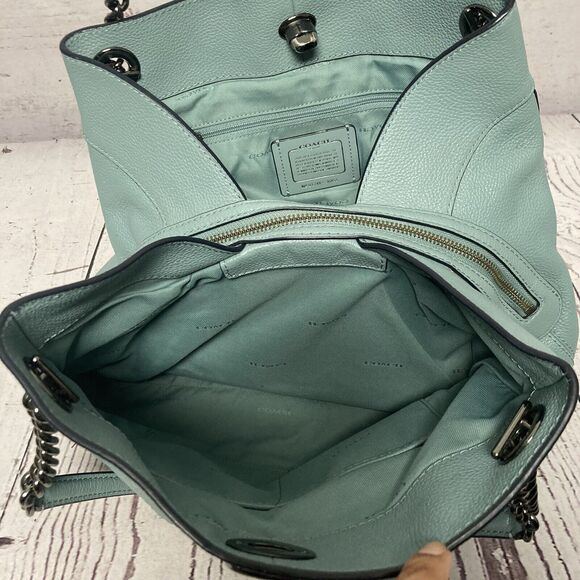 Coach Turnlock Edie Shoulder‎ Bag Cloud Blue Pebbled Leather Chain - Picture 10 of 16